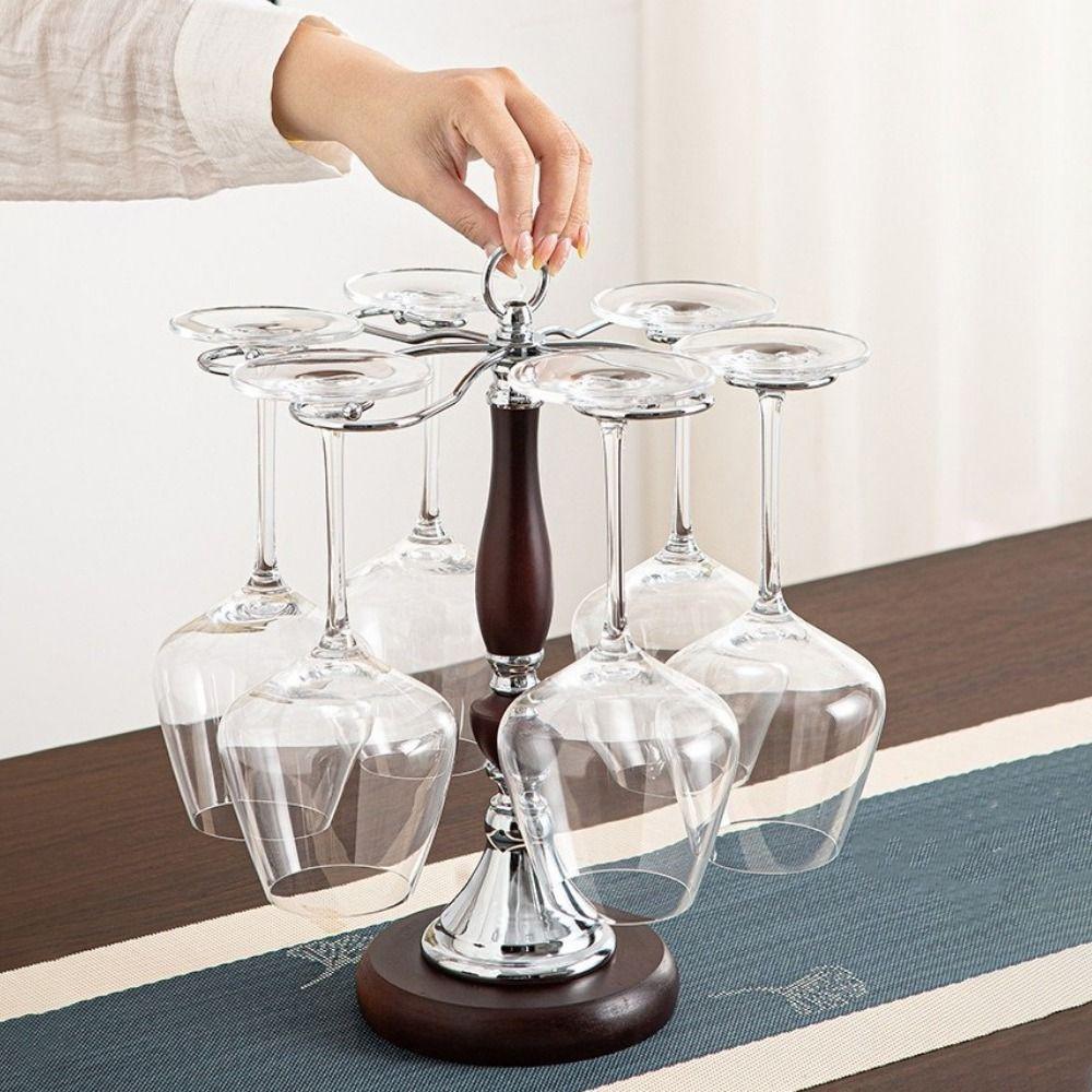 Freestanding 6 Bottles Wine Glass Rack Wooden High-Stem Glass Holder Bar Accessory