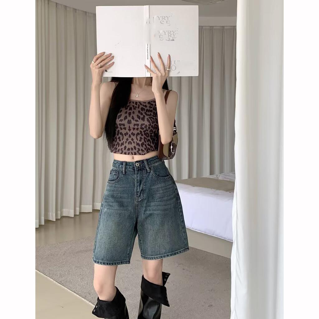 Denim Pants Pockets Vintage High Waist Shorts Women Wide Leg Streetwear Jeans Button Zipper