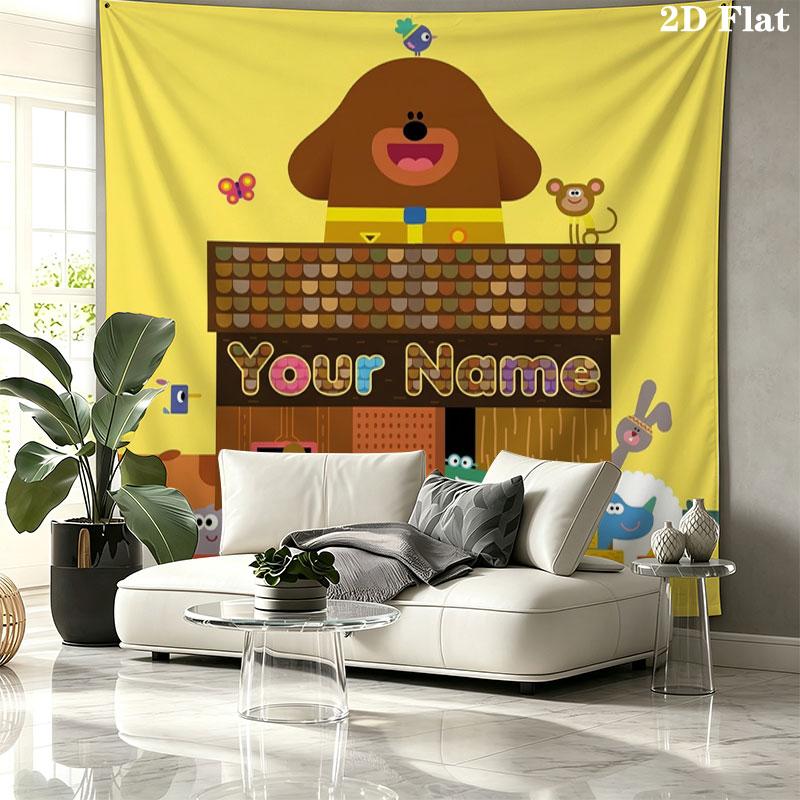 Hey Duggee Custom Name Wall Tapestry Aesthetic Wall Hanging Printed Fabric Blanket Decorative Tapestries for Bedroom Living Room Home Decor