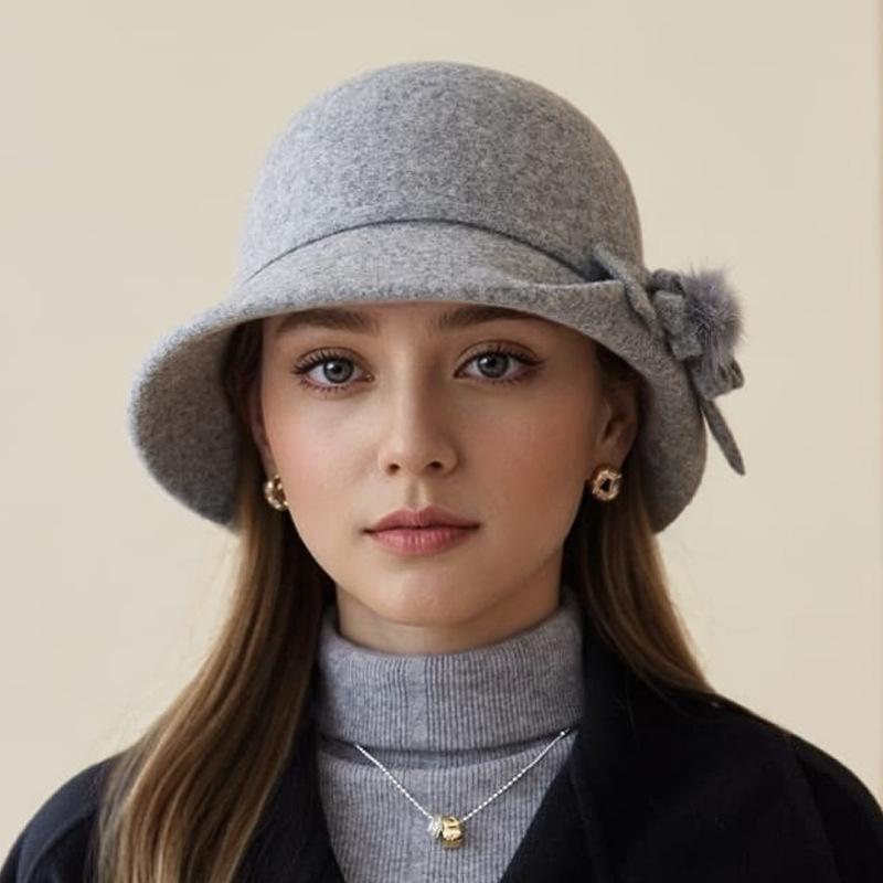 Hat Lady Autumn and Winter New Wool Top Hat Fashion Flower Warm Basin Hat Bucket Hat