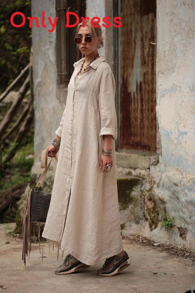 Cotton Linen Long Dress With Shirt Collar For Elegant Casual Wear