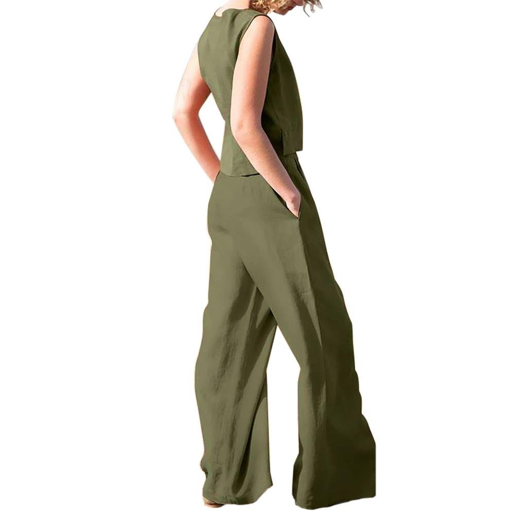 Women's 2-Piece Cotton Linen Solid Color Sleeveless High Waist Wide Leg Shorts With Pockets Set