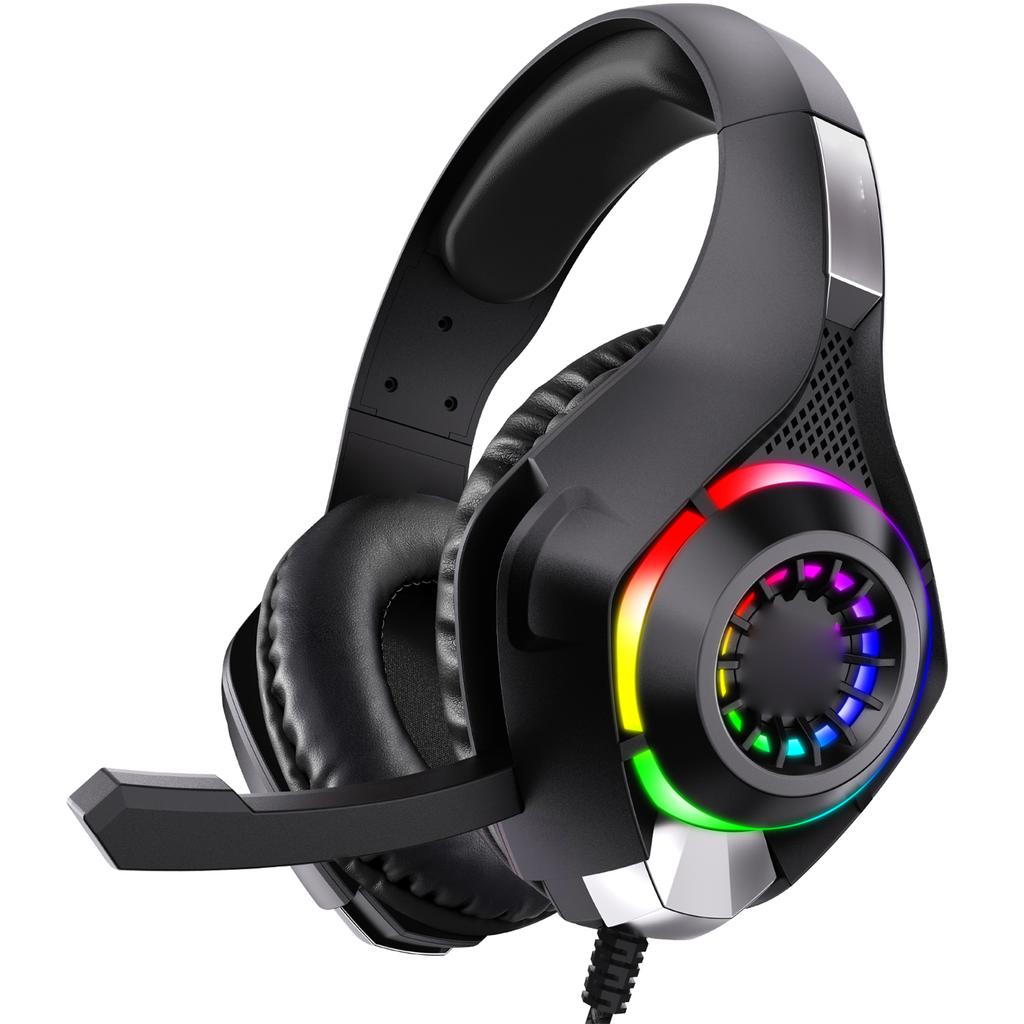 Gaming Headset, Over Ear Gaming Headphones with Noise Canceling Mic, RGB Lighting for PC Mobile Black