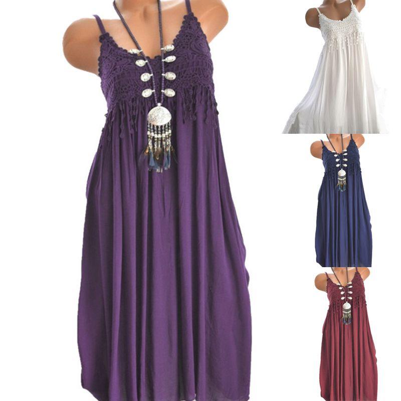 Elegant Women Summer Crew Neck Sleeveless Tank Maxi Dress With Lace Detail