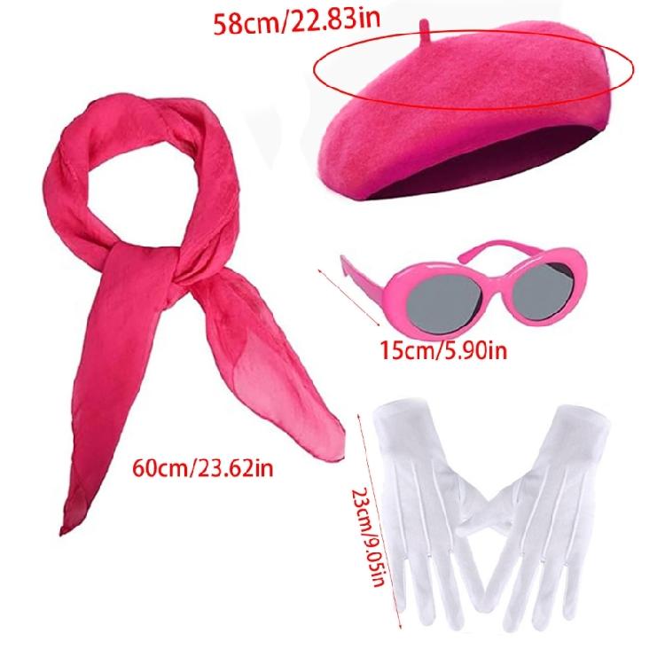 Coordinated Costume Accessory Set, 4 Piece Beret Scarf Gloves Sunglasses Kit for Halloween Party Photos, Gifts, and Styling