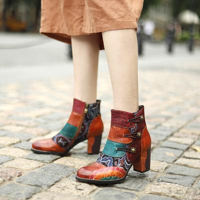 Genuine Leather Mixed Colors Printed High Heels Comfortable Thick Heel Women's Short Boots