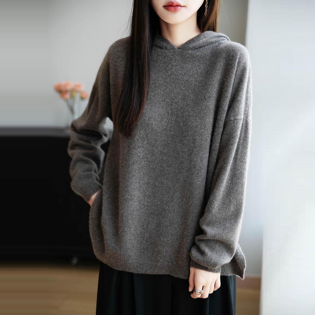 Women's Loose Fit Hooded Pure Wool Sweater – Casual Autumn/Winter Style