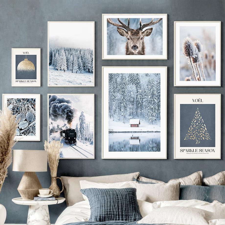 Inverno Neve Foresta Treno Cervo Scoiattolo Pigna Wall Art Canvas Painting Poster e stampe Immagini a parete per soggiorno Decor