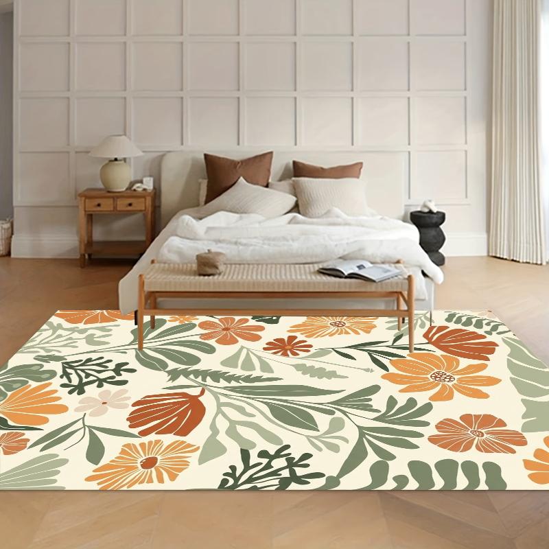 Home Alfombra Cream Orange-Green Floral Area Rug Modern Floral Kids Floor Mat Non-Slip Carpets for Living Room Decoration Gift
