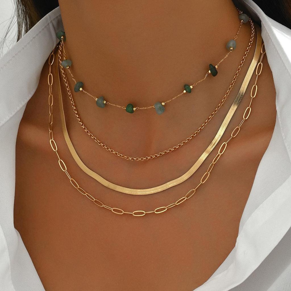 European & American Style Green Gravel Jewelry Set: Four-Piece Women's Layered Necklace and Ring Set