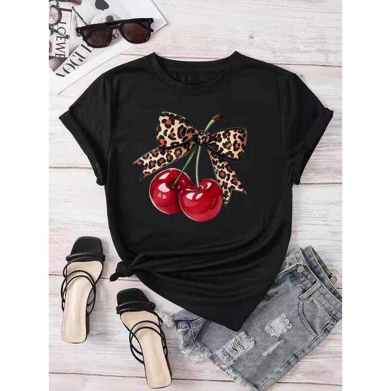 Fashion Cherry Print Women T-Shirt Short Sleeve Crew Neck Casual Tops for Summer Spring Women's Clothing Tops Tees