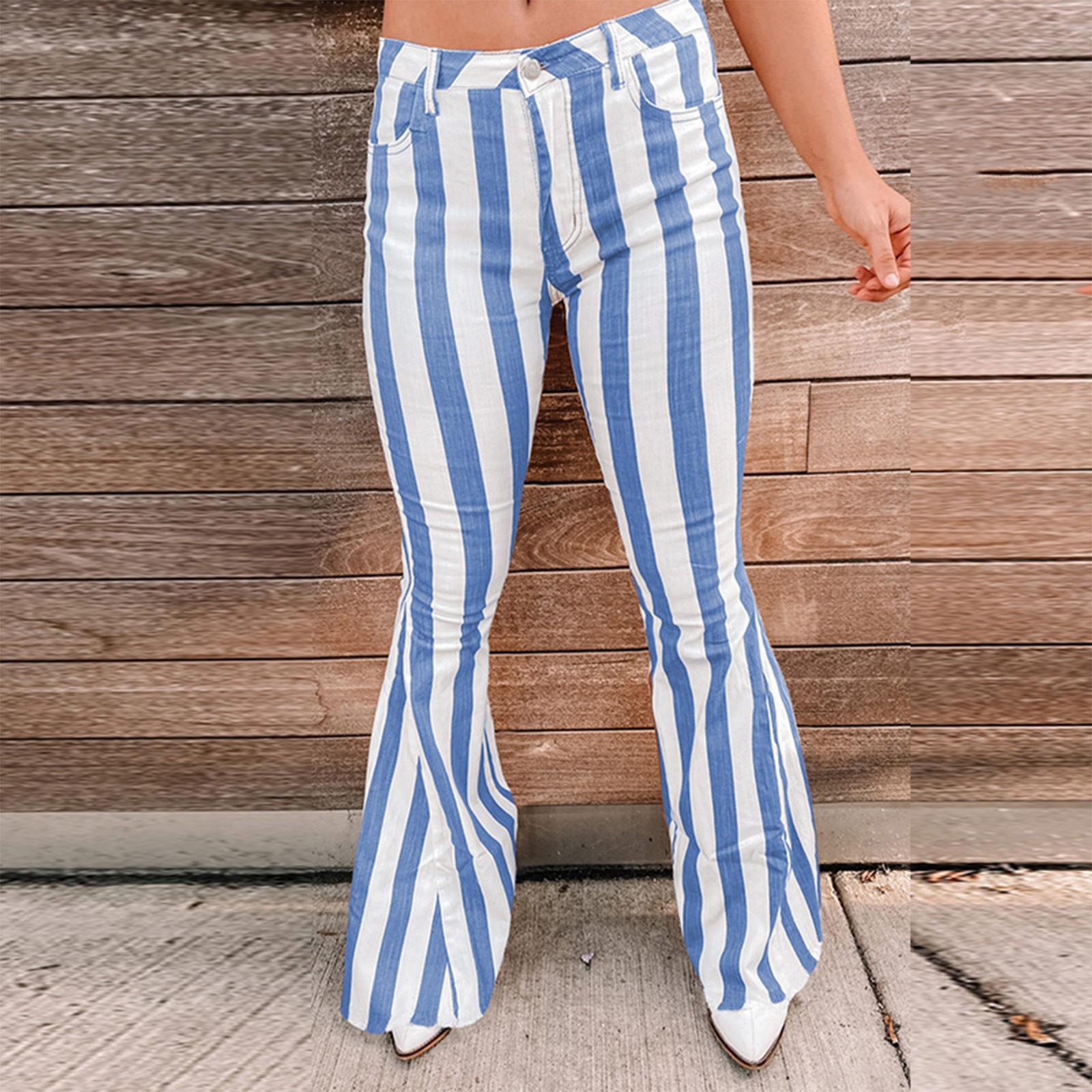

Женские повседневные полосатые брюки с контрастными расклешенными брюками, брюки со средней талией, узкие брюки с вырезом L синий