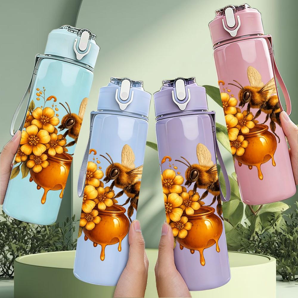 1PC Bee Sunflower Floral Print 750ml Color Plastic Sports Water Bottle Leakproof Flip Straw Lid Suitable for Sports Office Home Use