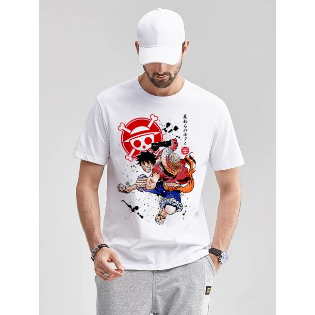 Nika Luffy Gear 5 ONE PIECE Anime Männer Frauen Sommer T-Shirt Übergroß Harajuku Übergroß Retro Kurzarm Lässig Komfort Y2k
