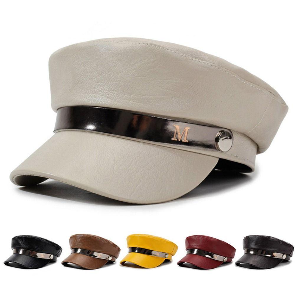 Adjustable Strap PU Leather Beret Hat PU Leather Flat Top Beret Hat  For Women Ladies