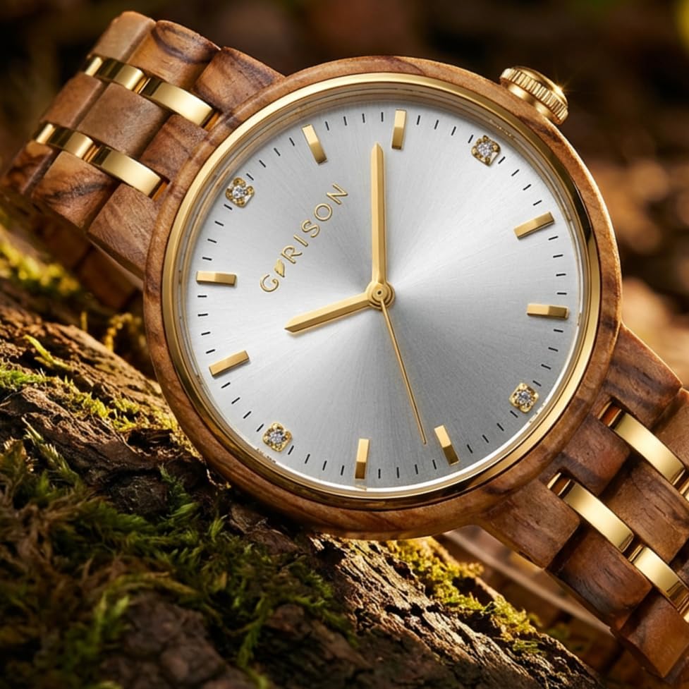 GRISON Quartz Olive Stainless Steel Miyota 3 ATM Water Natural Business Women's Watch, Wood, Hybrid, Movement, Analog, Resistant, 38mm, Wood, Gift,