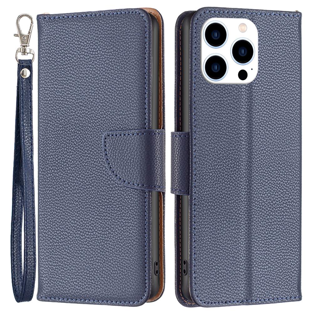 

For iPhone 16 Pro Wallet Phone Case Litchi Texture Solid Color Leather Flip Cover Dark Blue