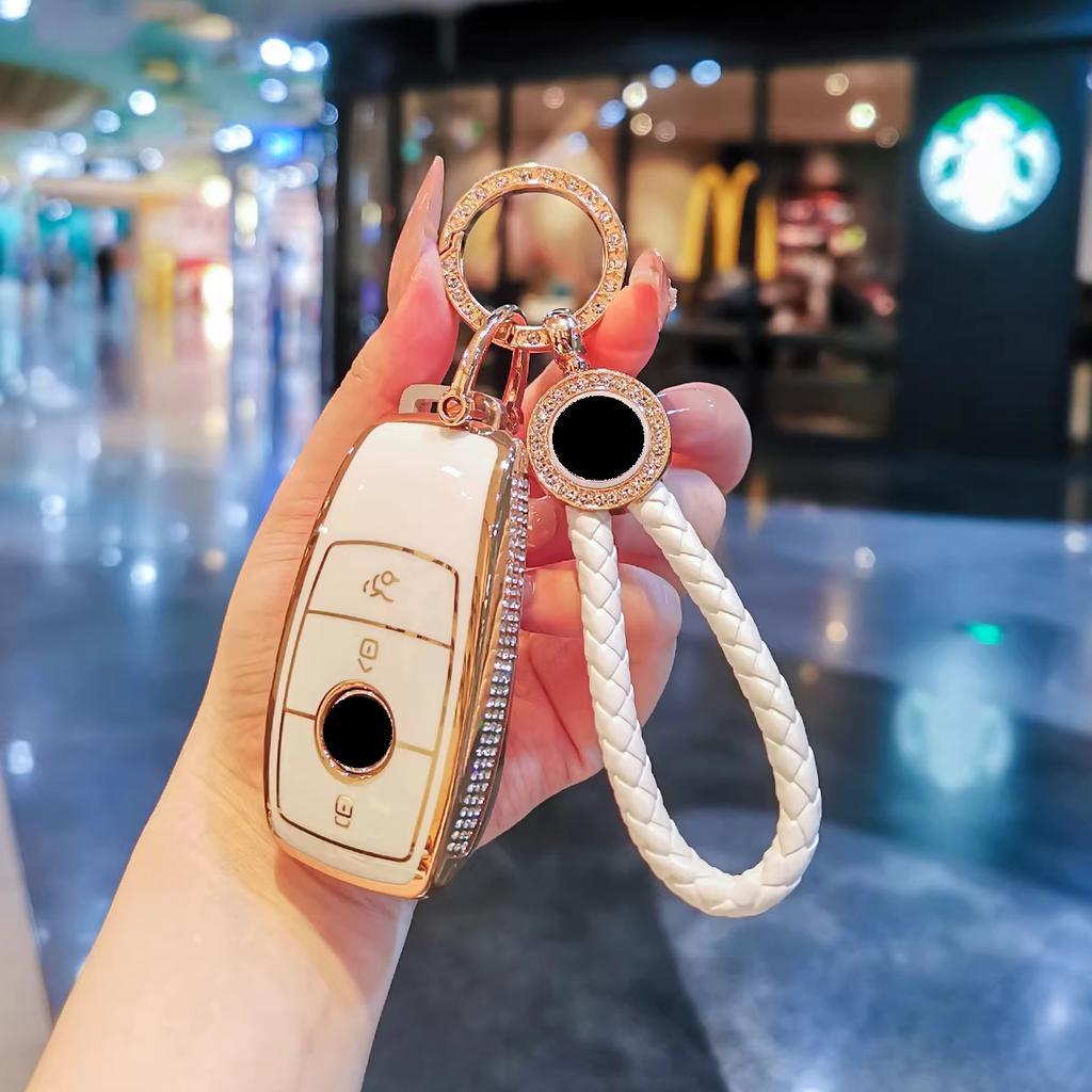 For Mercedes Benz Key Fob Cover, Bling Gold/Silver White Tpu Key Case With Keychain, Car Key Protector For C/E/S Class, Glc/Gle