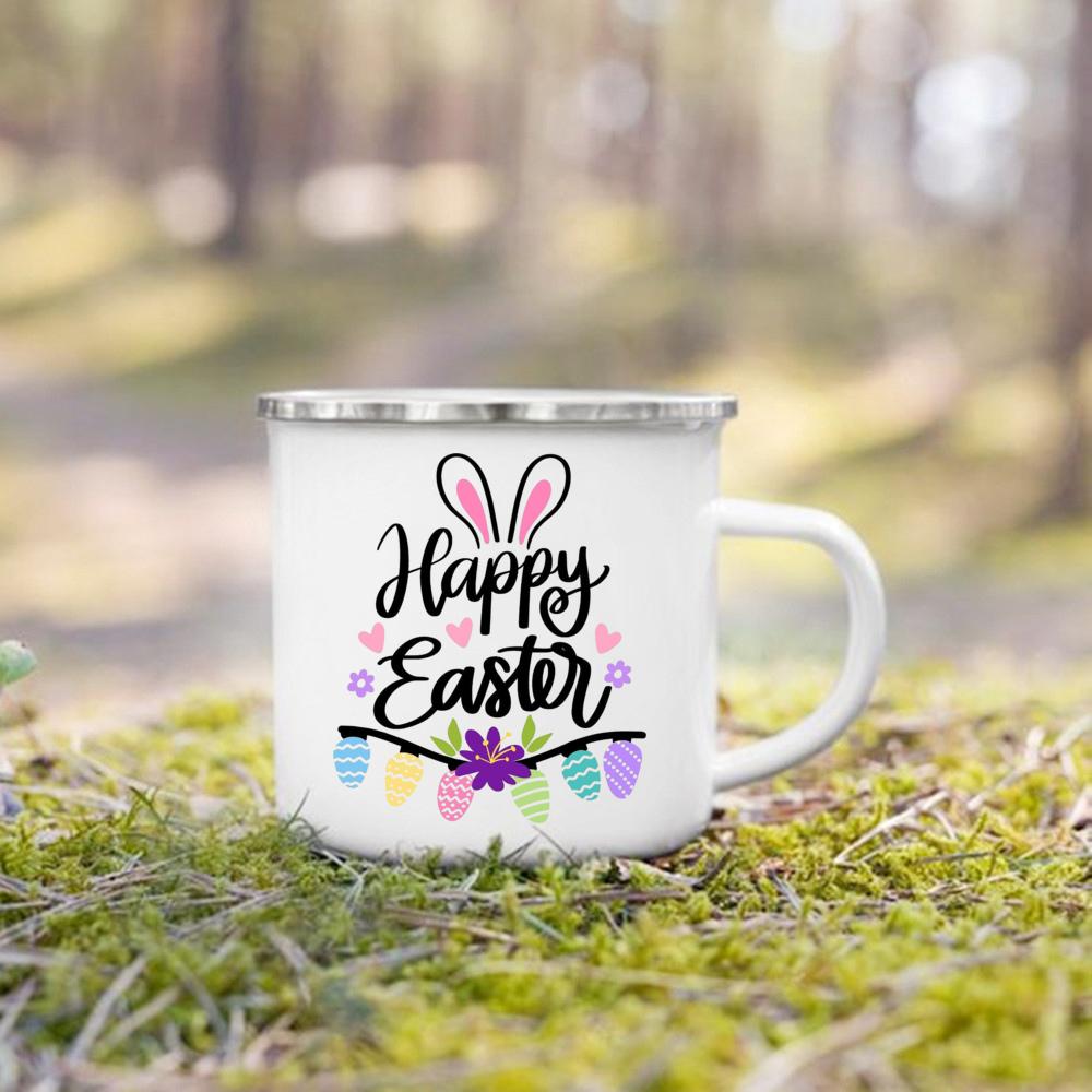 Cute Bunny Egg Print Cups Happy Easter Enamel Mugs Fall Easter Party Wine Juice Mug Dessert Cocoa Milk Handle Cup Gift for Child