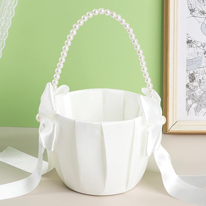 20 Cm White Flower Girls Basket Silk Wedding Basket for Flower Bride/Kids Hand Held Wedding Ceremony Party Decorations