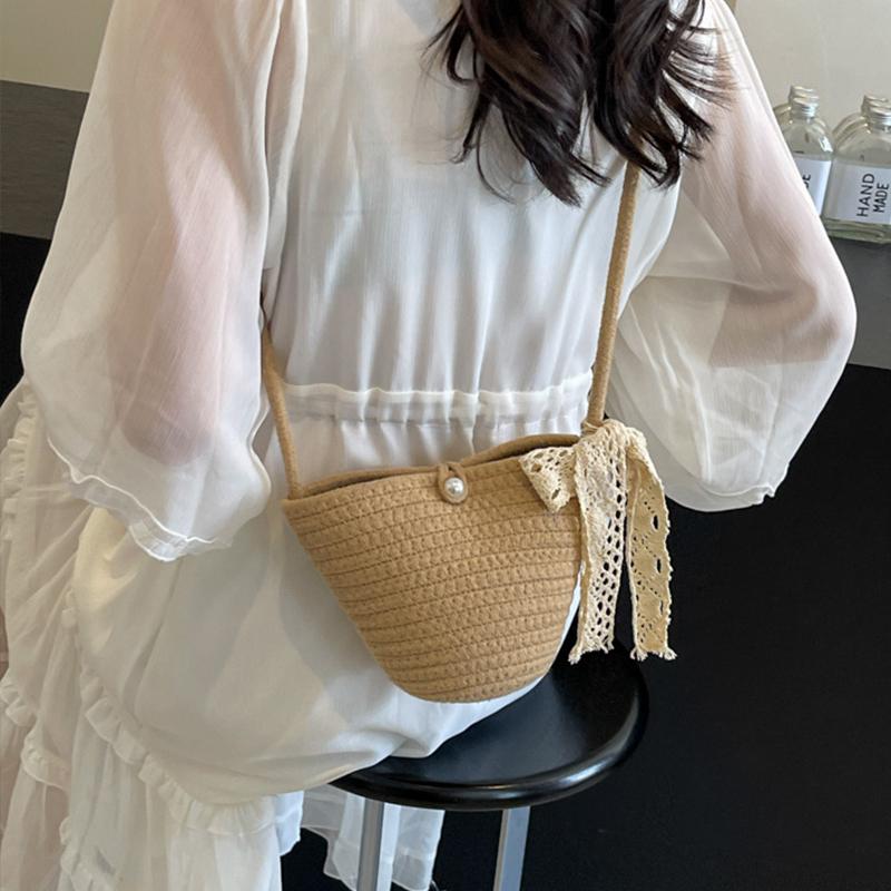 Yogodlns Einfache Streifenwebart Umhängetasche Seilwebart Süße Beuteltasche Schultertasche mit Schleife Strandtasche