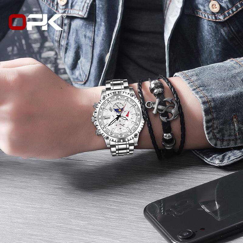 OPK 8129 Fashion Quartz Wristwatch for Man Calendar Luminous 24 Hour Moon Phase Steel Strap Waterproof Classic Men Watch