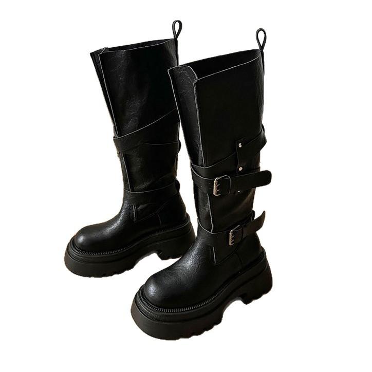 [Fanfna] Maillard brown boots women's big tube circumference thick-soled heightening western cowboy tall knight boots