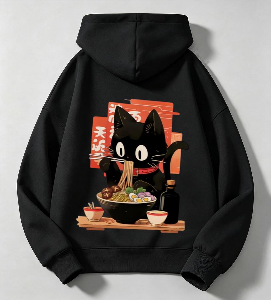 Japanese-style long-sleeved cat-eating-noodles print children's hooded coat for boys and girls in autumn and winter