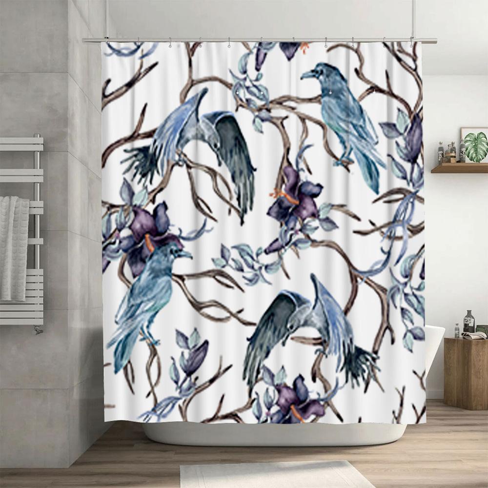 Modern Bathroom Decor Shower Curtain with Blue Birds Floral Pattern Waterproof Fabric for Home Decor Purple and White Flower Des