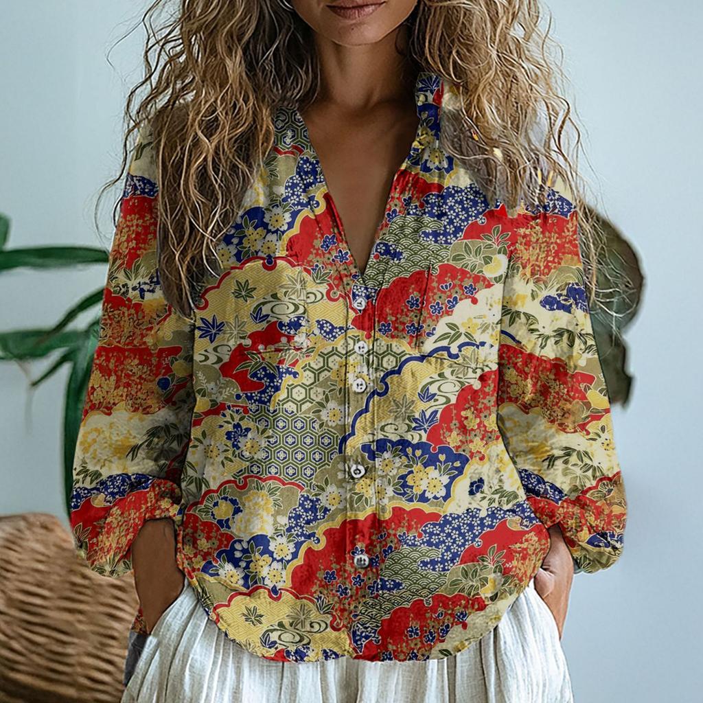 Plus Size Boho Print Shirt Top For Women Loose V Neck Long Sleeve Button Shirts Tops Lady Casual Holiday Clothing Spring Blouses