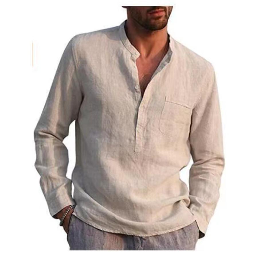 Men's Long Sleeve Stand Neck Casual Tops Beach Spring Solid Color Cotton Linen Shirt