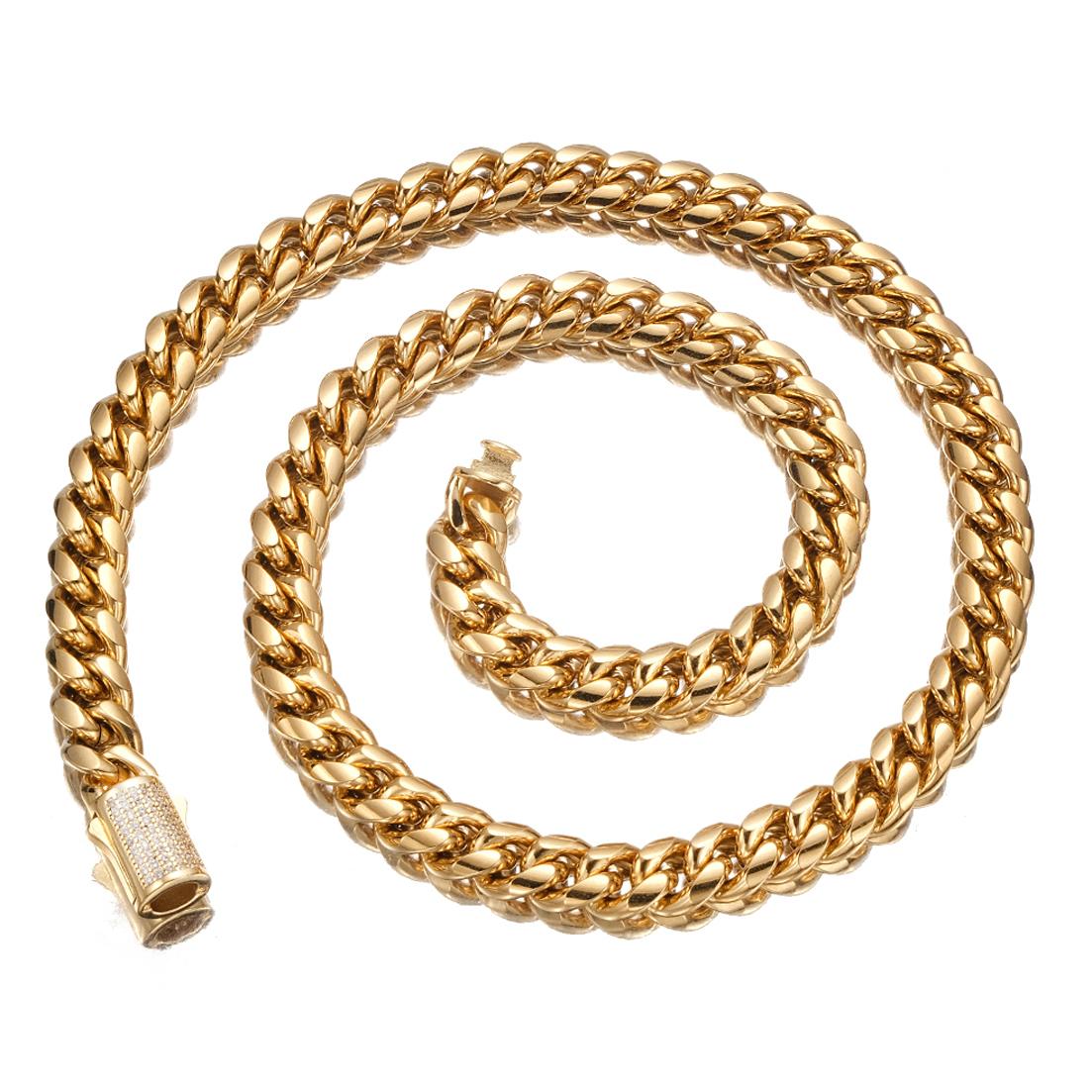 

10 мм Новые Модные Ювелирные Изделия Нержавеющая Сталь 316L Покрытие Золотом 18 карат Цепь Майами Кубинского Плетения Мужская Женская Цепочка Рождественский Подарок 10mm&60cm