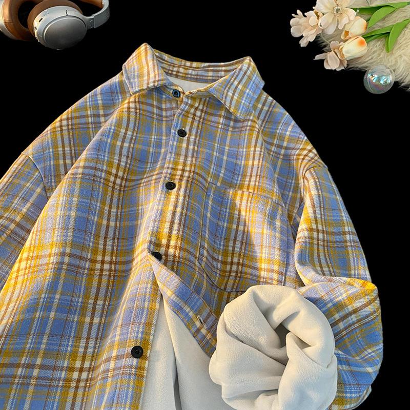 Volná podzimní a zimní americká retro kostkovaná nadměrná velikost klopa plus samet s dlouhým rukávem košilová bunda pánská a dámská topy
