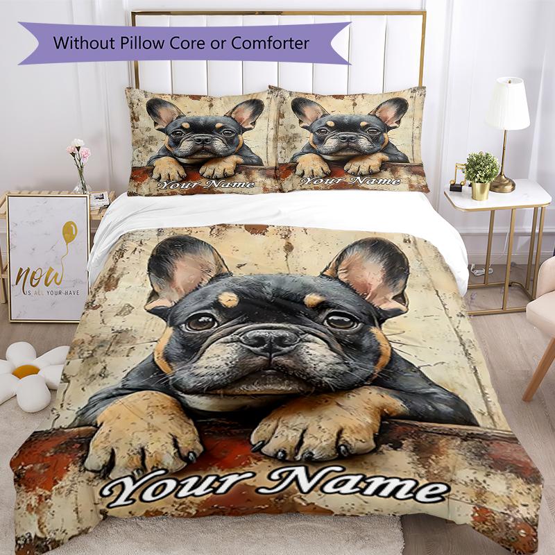 3PC Custom Name French Bulldog Portrait Bedding Set Duvet Cover Closure Includes 1 Duvet Cover & 2 Pillowcases for Bedroom
