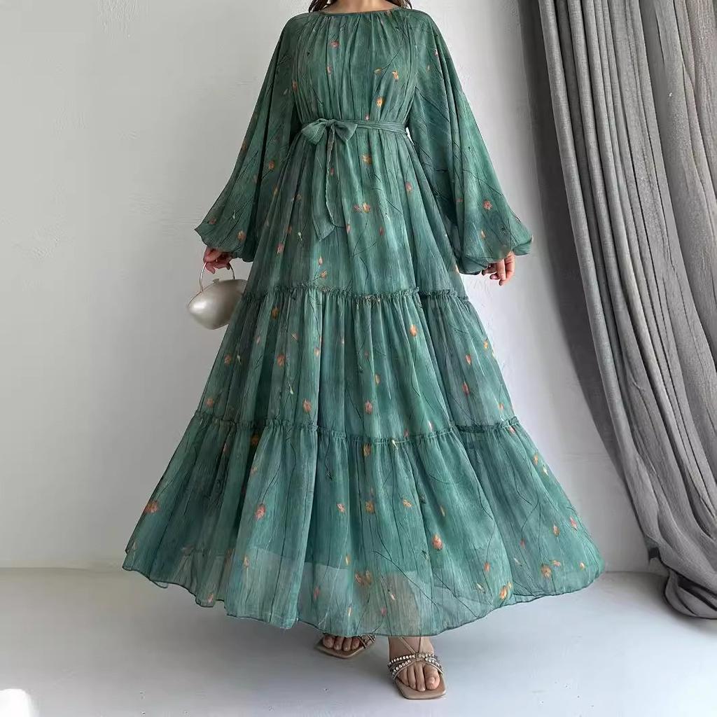 Eid Muslim Abaya Dress Women Print Chiffon Sashes Jalabiya Kaftan Islam Vestidos Largo Arab Long Robe Ramadan Morocco Abayas