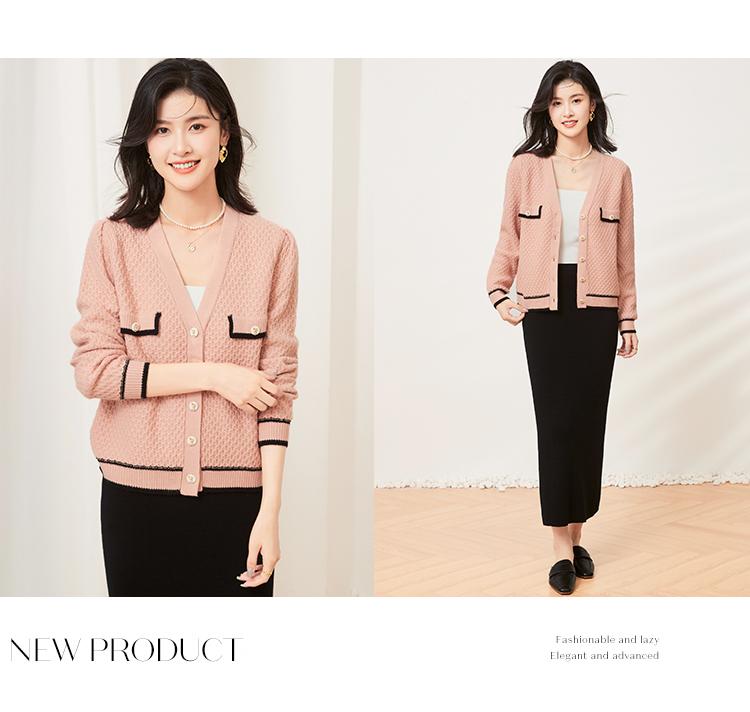 Spring and Autumn Solid Color V-Neck Long-Sleeved Jacket with Contrasting Design Women's Knitted Sweater