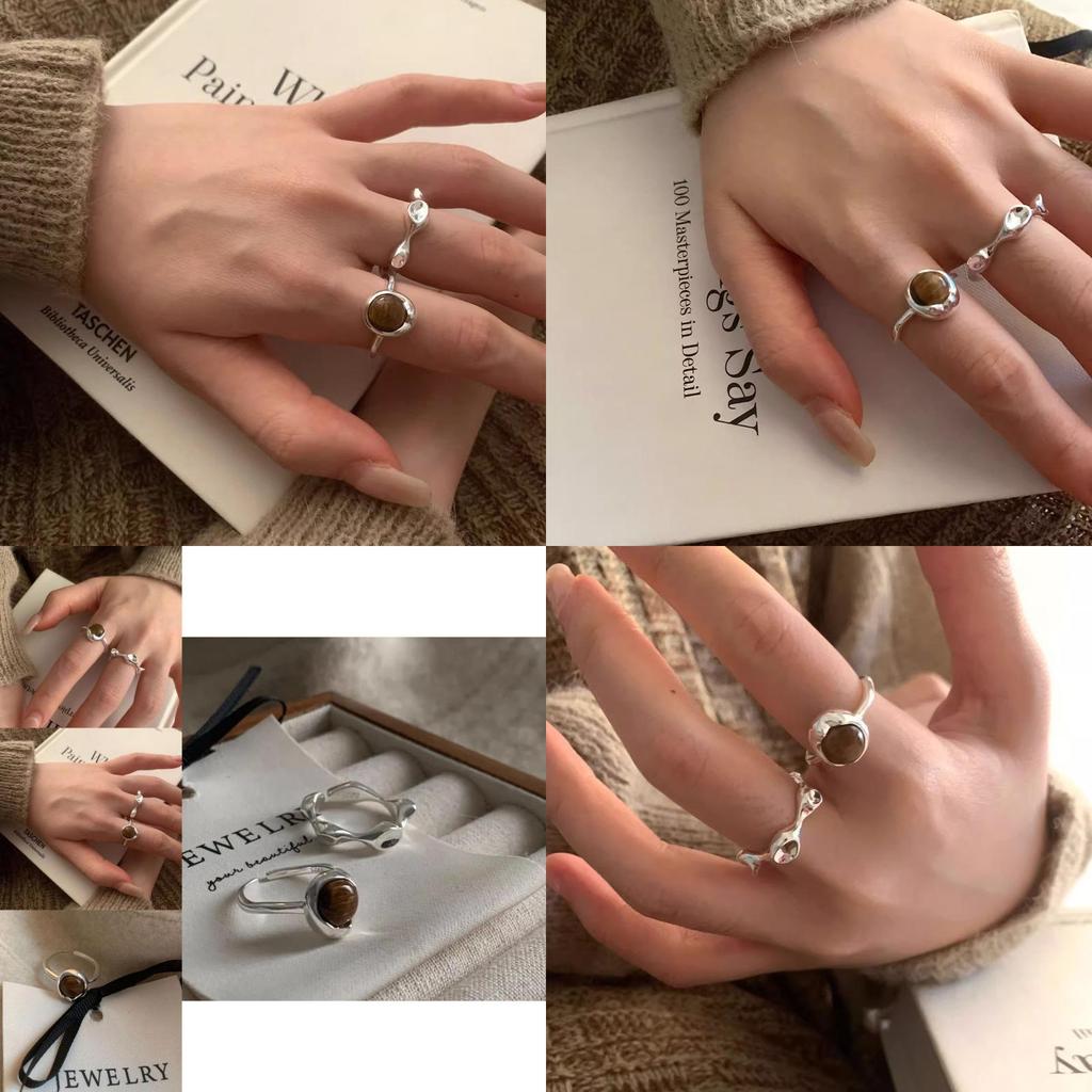 Luxury Korean Geometric Tiger Eye Stone Ring For Women Stylish Adjustable Copper Design