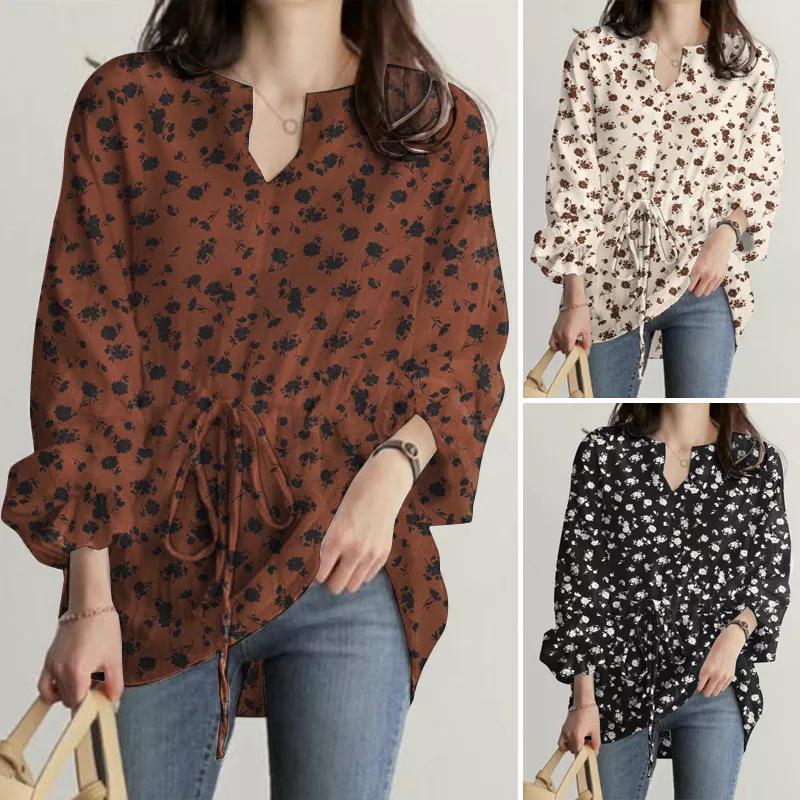 Women's 2024 Puff Sleeve V-Neck Printed Long Blouse with Elastic Waist