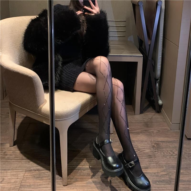 1 Pc Valentine'S Day Women'S Diamond Pattern Black Rhinestone Pantyhose, Glamorous Sexy Style Stretchy Slimming Hosiery