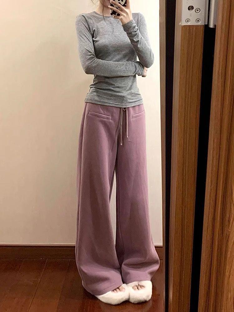 Purple High-Waist Wide-Leg Casual Drape Pants for Women