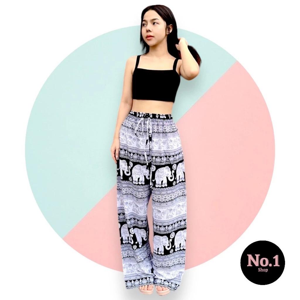 Elephant Pants Women Men Unisex Premium Japanese Silk Print Thailand Casual Streetwear Beach Bohemian Retro Vintage Adjustable Rope Loose Legs
