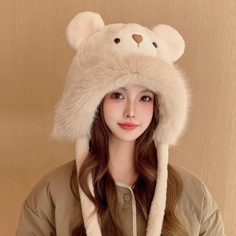 Winter Cartoon Bear Plush Hat Women Cute Warm Ear Protection All-Match Furry Lei Feng Hat
