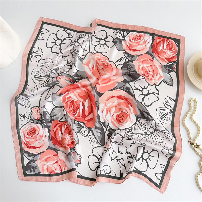 Summer new rose printing silk scarf simulation silk 71cm square scarf simple scarf sun protection professional scarf women