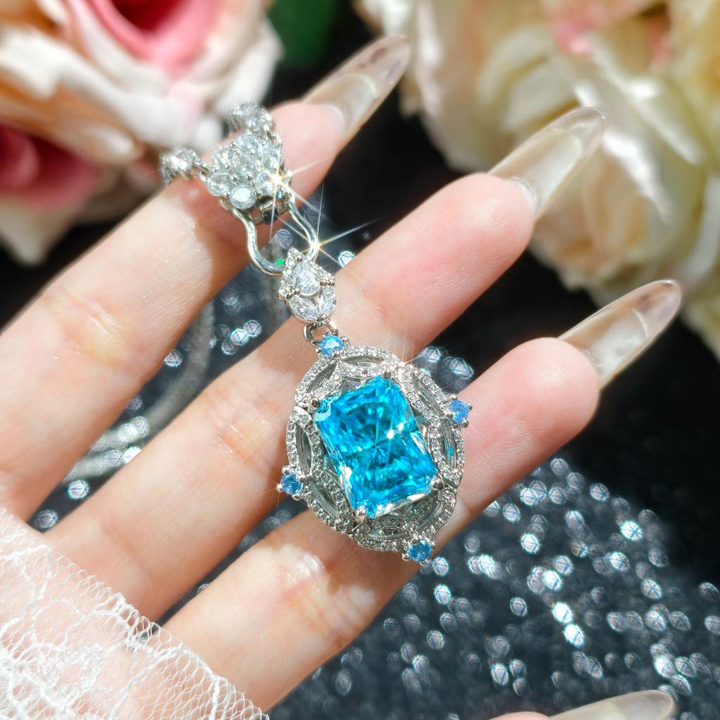 Elegant Luxury Color Jewelry Sets Dazzling Sea Blue Cubic Zirconia Stone Party Ring Earrings Pendant Necklace For Women