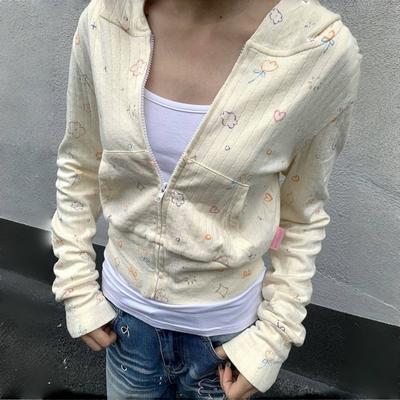 2KWEIRD Sweet Floral Print Hoodie Sweatshirts New Slim Fit Tops Mujer Y2k Grunge Long Sleeve Zipper Cardigan Jackets