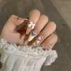 24Pcs Goose Yellow Cream Flower French Acrylic Press On Nails Full Coverage Removable False Nail Art Tips