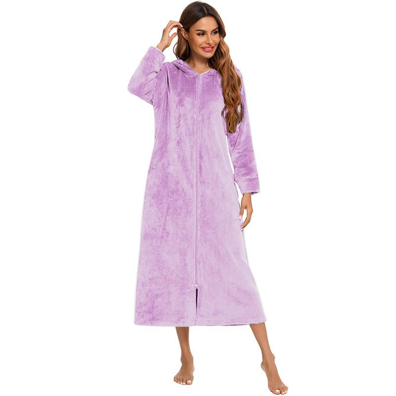 Bata de felpa con cremallera para mujer con capucha térmica larga bata de noche invierno comodidad cremallera reclinable pijama bata de casa ropa casual bata de noche
