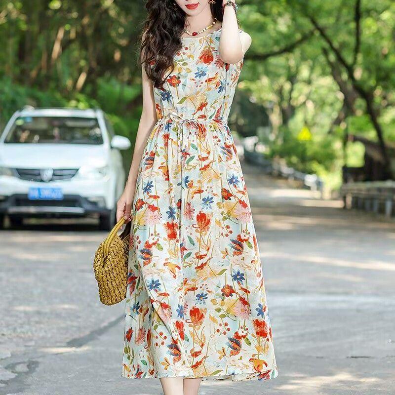 New Summer Floral Cotton-Silk Sleeveless Dress - Plus Size, Loose Fit, Slimming, Vacation Style Mom’s Long Dress