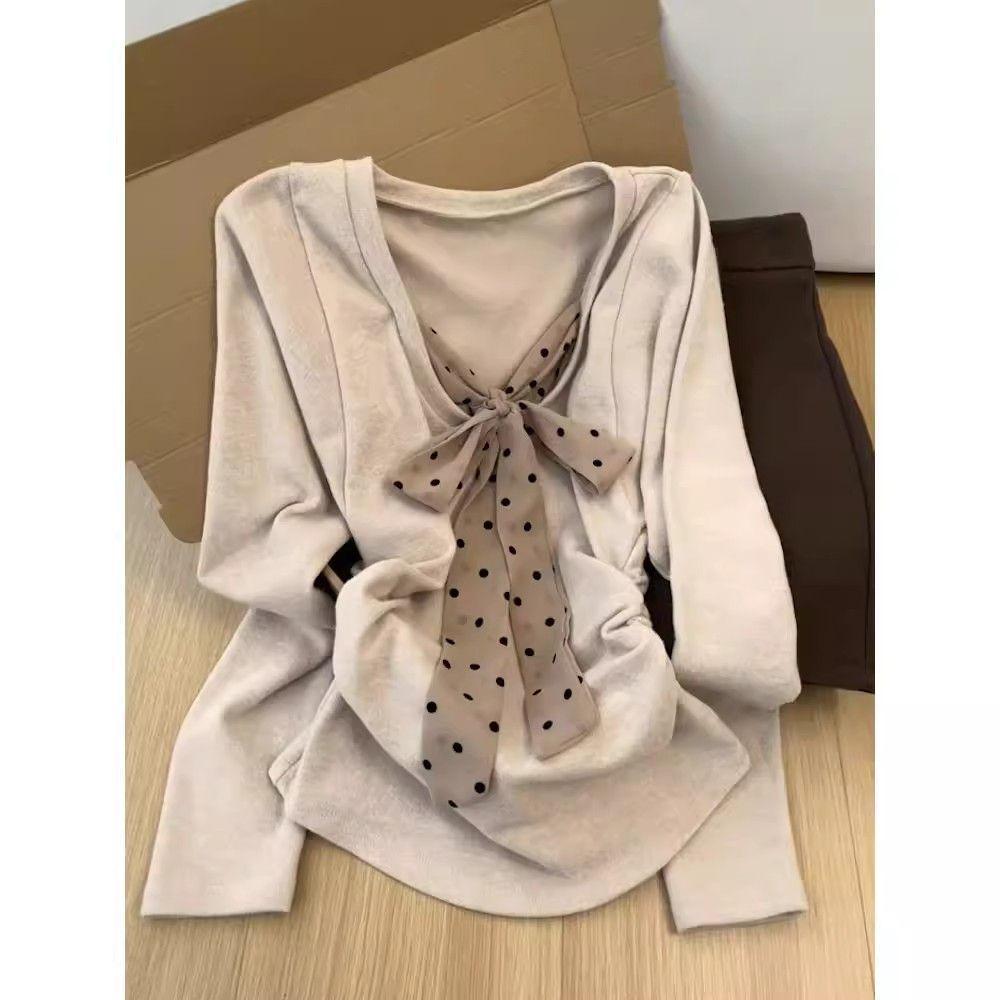 

Elegant Velvet Bow Long Sleeve T-shirt for Plus Size Women - Flattering and Versatile Autumn/Winter Top 2XL (Recommended for 141-160 lbs) хаки