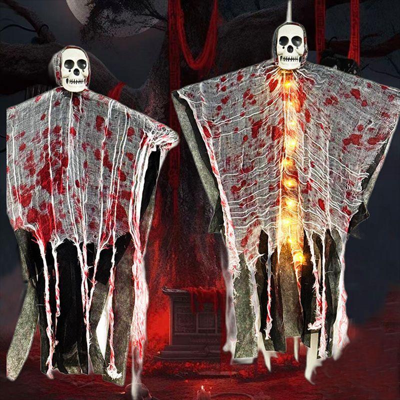 Halloween Party Hanging Skull Skeleton Ghost Ornament Horror Props Haunted House Decorations With Light Outdoor Decorations